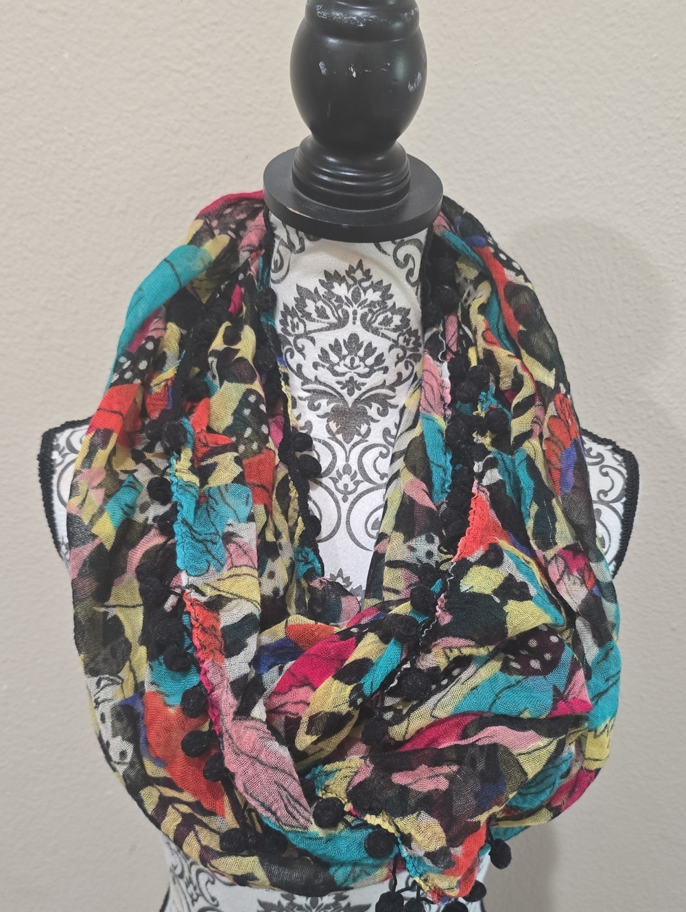 Betsey Johnson Multicolor Floral Infinity Scarf with Black Trim